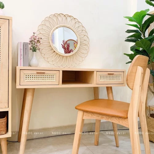 Bàn 2 hộc kéo 1 hộc trống phối mây