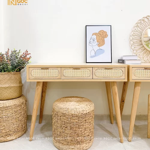 Bàn gỗ 3 hộc tủ kéo phối mây màu tự nhiên