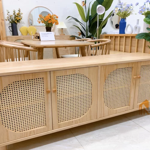 Tủ TV 4 cánh cửa bán tròn phối mây