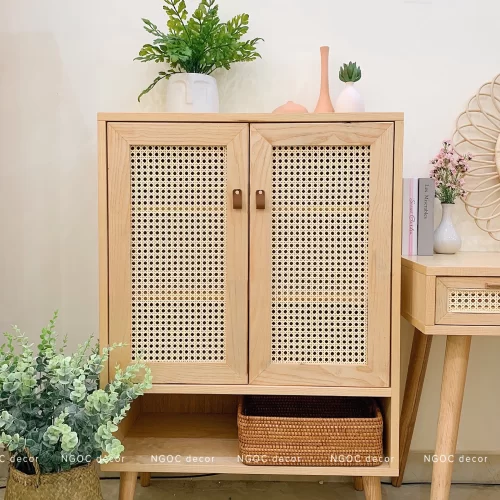 Tủ lưu trữ hai cánh phối mây có hộc trống phía dưới