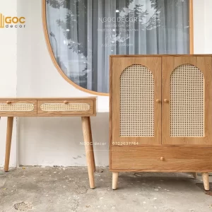 Bàn 2 hộc kéo phối mây