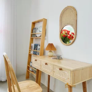 Bàn gỗ 3 hộc tủ kéo phối mây màu tự nhiên